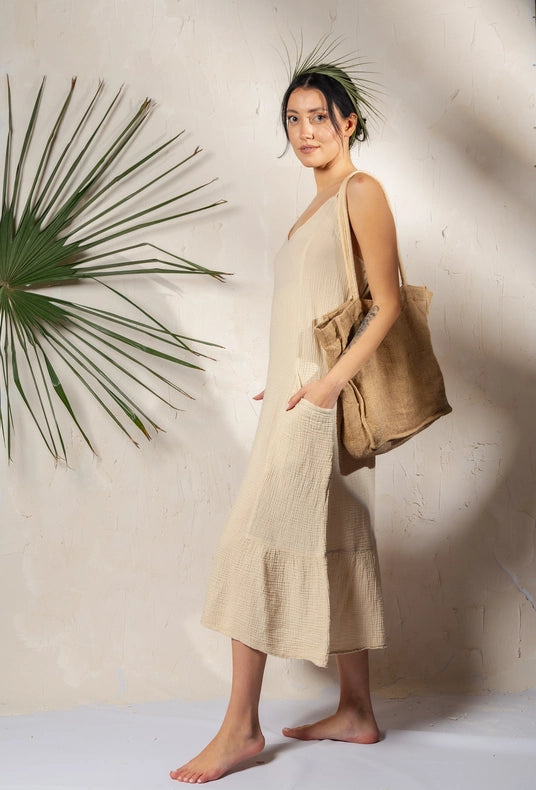 Double Gauze Black Strap Midi Dress Beige-Dress-Moa-Beige-Urbanheer