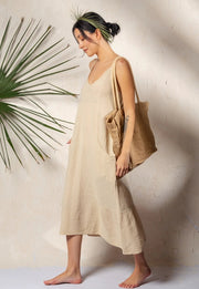 Double Gauze Black Strap Midi Dress Beige-Dress-Moa-Beige-Urbanheer