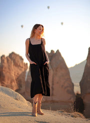 Double Gauze Black Strap Midi Dress Black-Dress-Moa-Black-Urbanheer