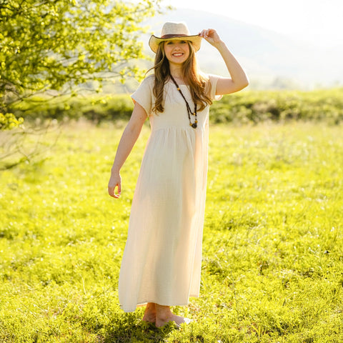 Double Gauze Cotton Beige Midi Dress Beige-Dress-Moa-Beige-Urbanheer