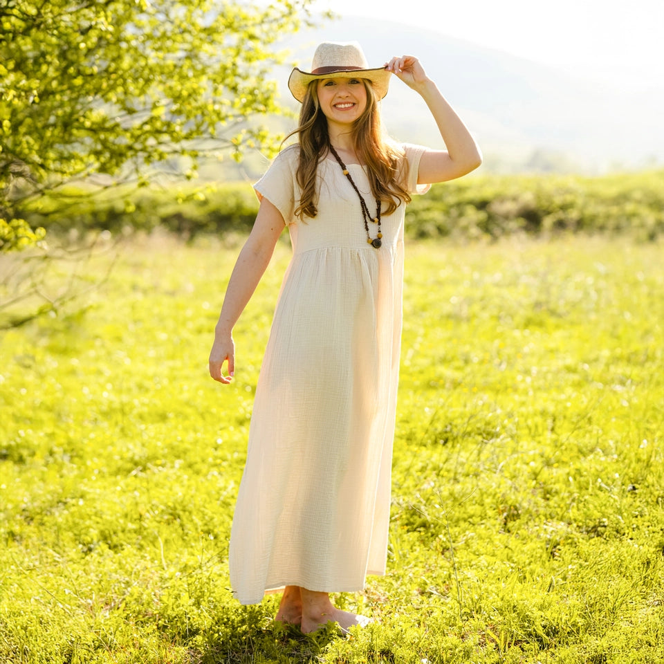 Double Gauze Cotton Beige Midi Dress Beige-Dress-Moa-Beige-Urbanheer