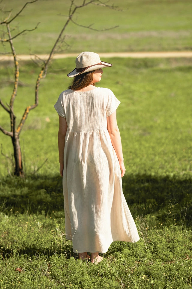 Double Gauze Cotton Beige Midi Dress Beige-Dress-Moa-Beige-Urbanheer