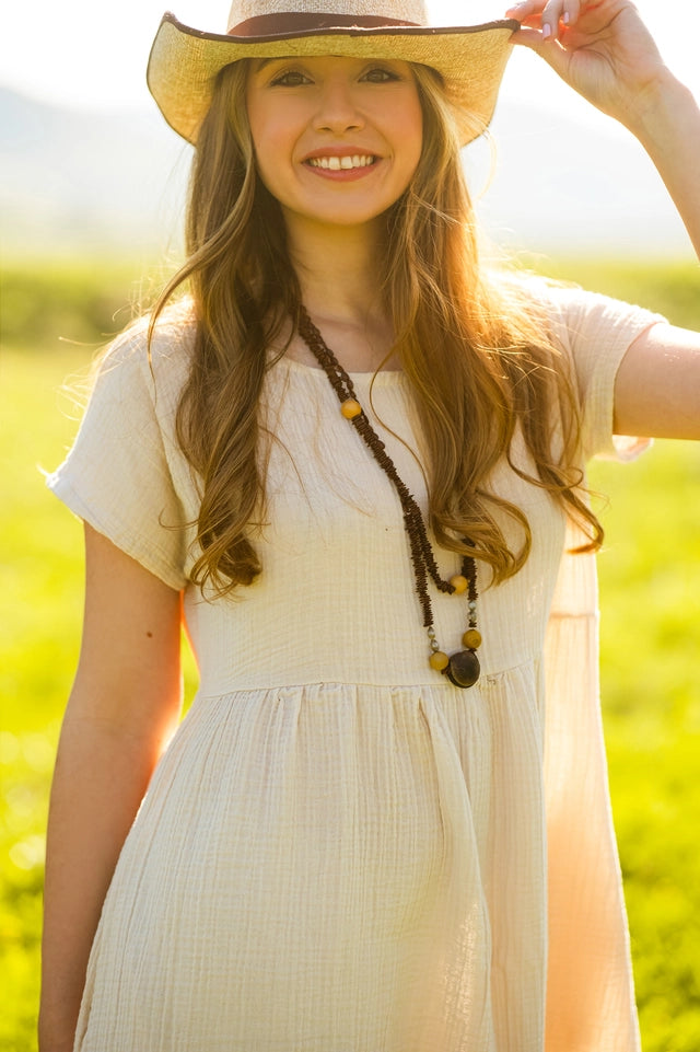Double Gauze Cotton Beige Midi Dress Beige-Dress-Moa-Beige-Urbanheer