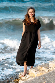 Double Gauze Cotton Beige Midi Dress Black-Dress-Moa-Black-Urbanheer