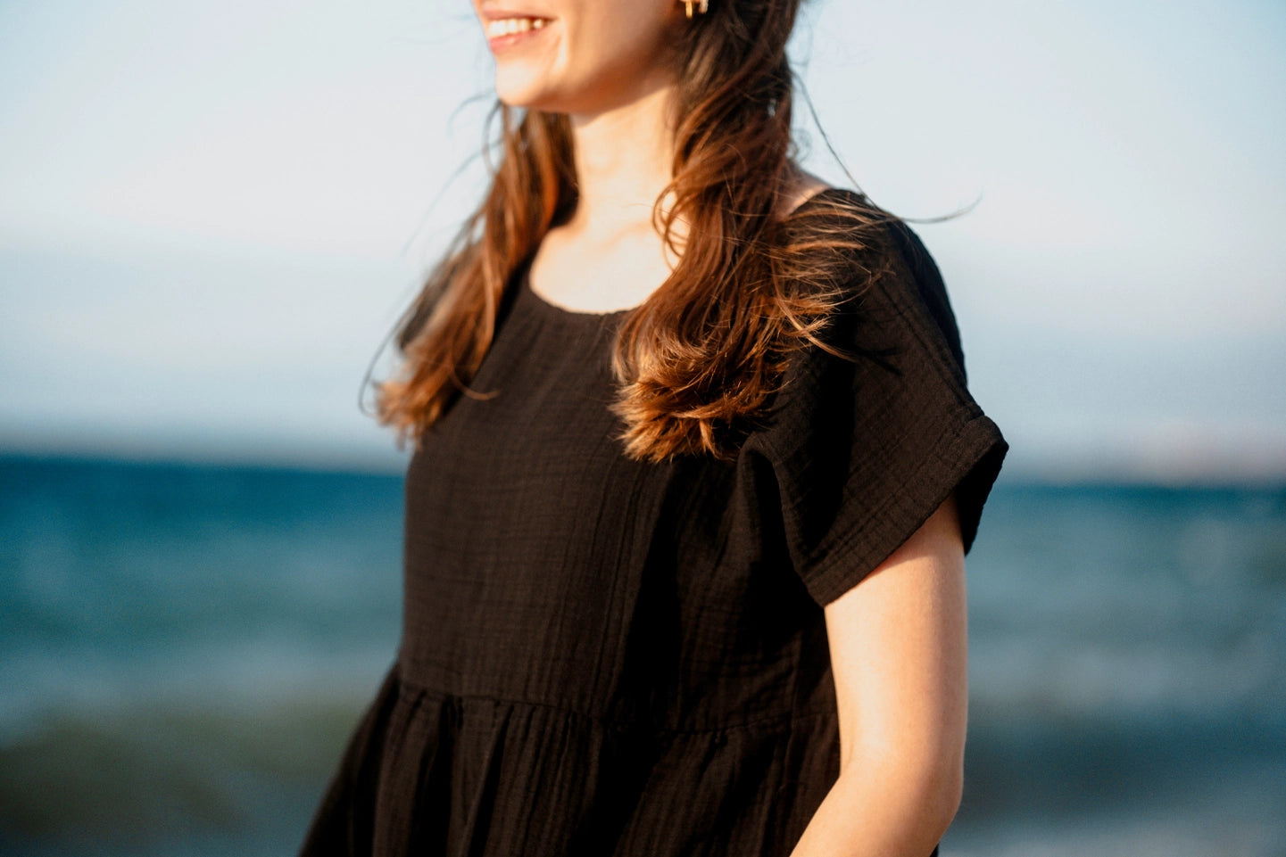 Double Gauze Cotton Beige Midi Dress Black-Dress-Moa-Black-Urbanheer