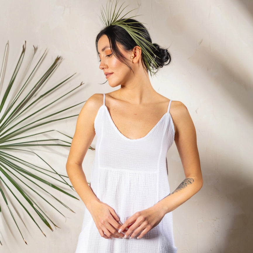 Double Gauze Muslin Cotton Strap Midi Dress White-Dress-Moa-White-Urbanheer