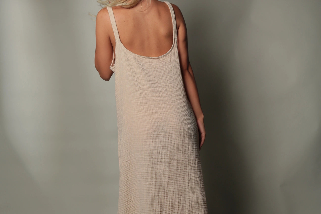 Double Gauze Scoop Neck Midi Dress Beige-Dress-Moa-Beige-Urbanheer