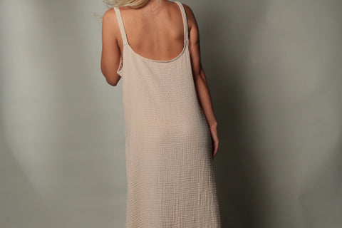 Double Gauze Scoop Neck Midi Dress Beige-Dress-Moa-Beige-Urbanheer