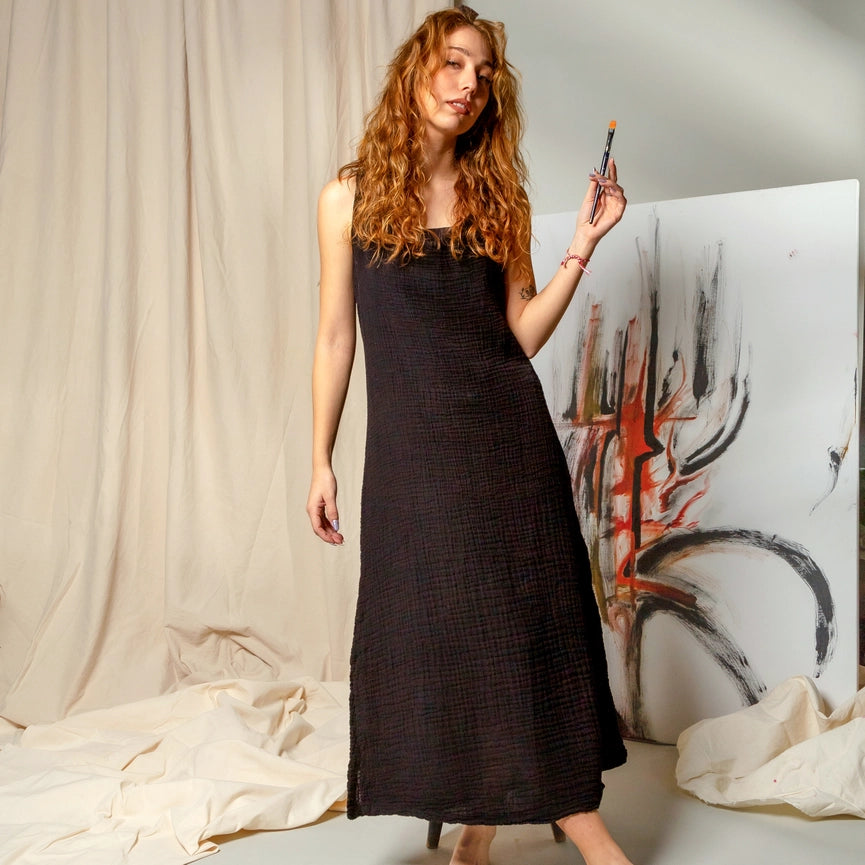 Double Gauze Scoop Neck Midi Dress Black-Dress-Moa-Black-Urbanheer