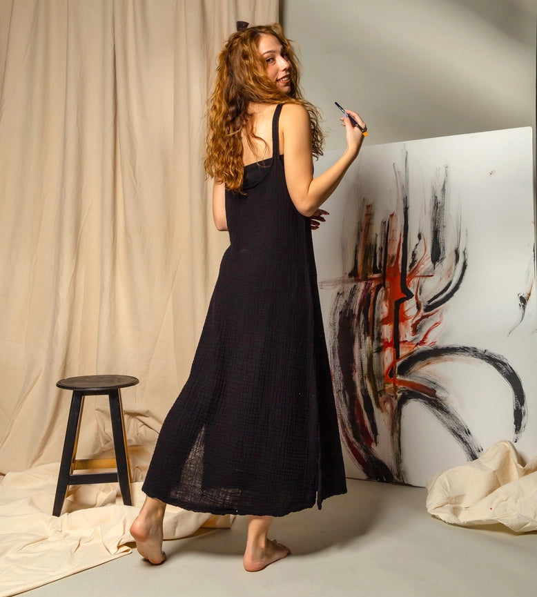 Double Gauze Scoop Neck Midi Dress Black-Dress-Moa-Black-Urbanheer