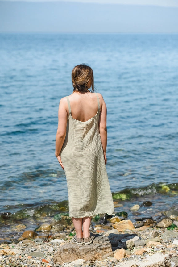 Double Gauze Scoop Neck Midi Dress Green-Dress-Moa-Green-Urbanheer