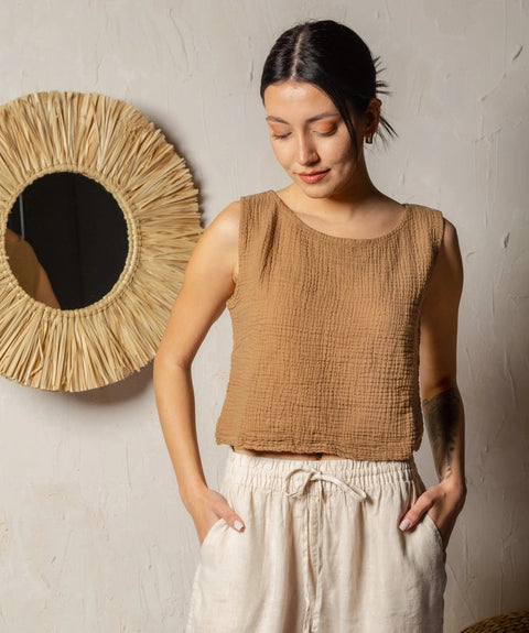 Double Layer Muslin Tank Top-Tank Tops-Moa-Length: 17" inch - 44cm Wide: 18.5"inch- 47cm-Brown-Urbanheer