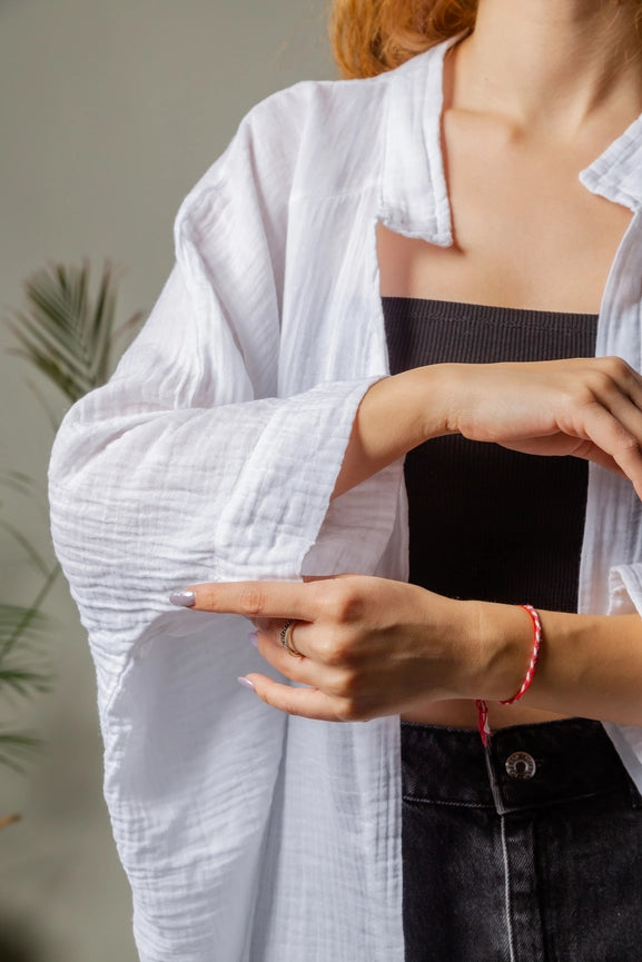 Double Layer White Muslin Cardigan Jacket-Kimono-Moa-Bust 48“ inches (122cm) Waist 65“ inches (166cm) Length 30” inches (76cm)-White-Urbanheer