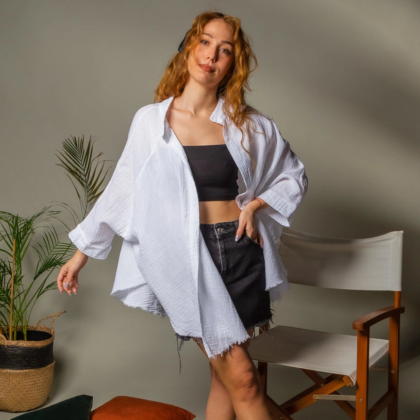 Double Layer White Muslin Cardigan Jacket-Kimono-Moa-Bust 48“ inches (122cm) Waist 65“ inches (166cm) Length 30” inches (76cm)-White-Urbanheer
