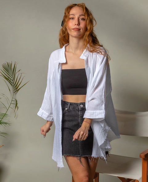 Double Layer White Muslin Cardigan Jacket-Kimono-Moa-Bust 48“ inches (122cm) Waist 65“ inches (166cm) Length 30” inches (76cm)-White-Urbanheer