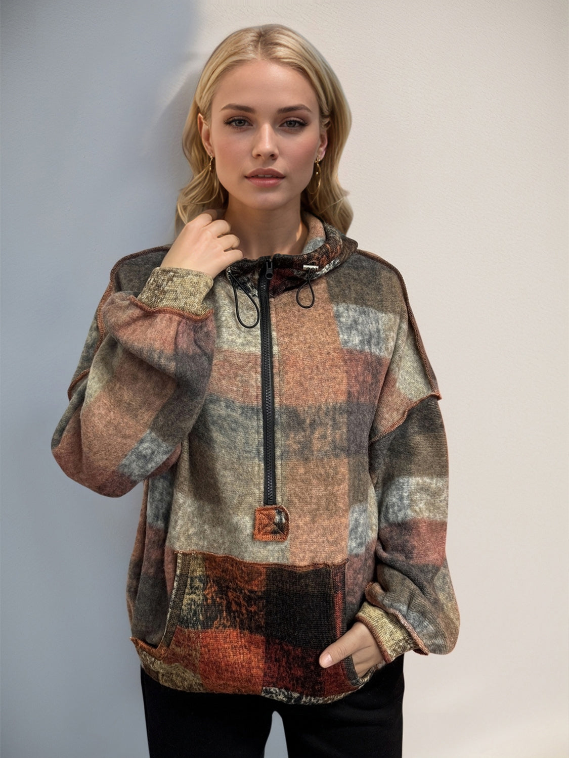 Double Take Full Size Half Zip Exposed Seam Fleece Hoodie-Street 360-Tangerine-S-Urbanheer