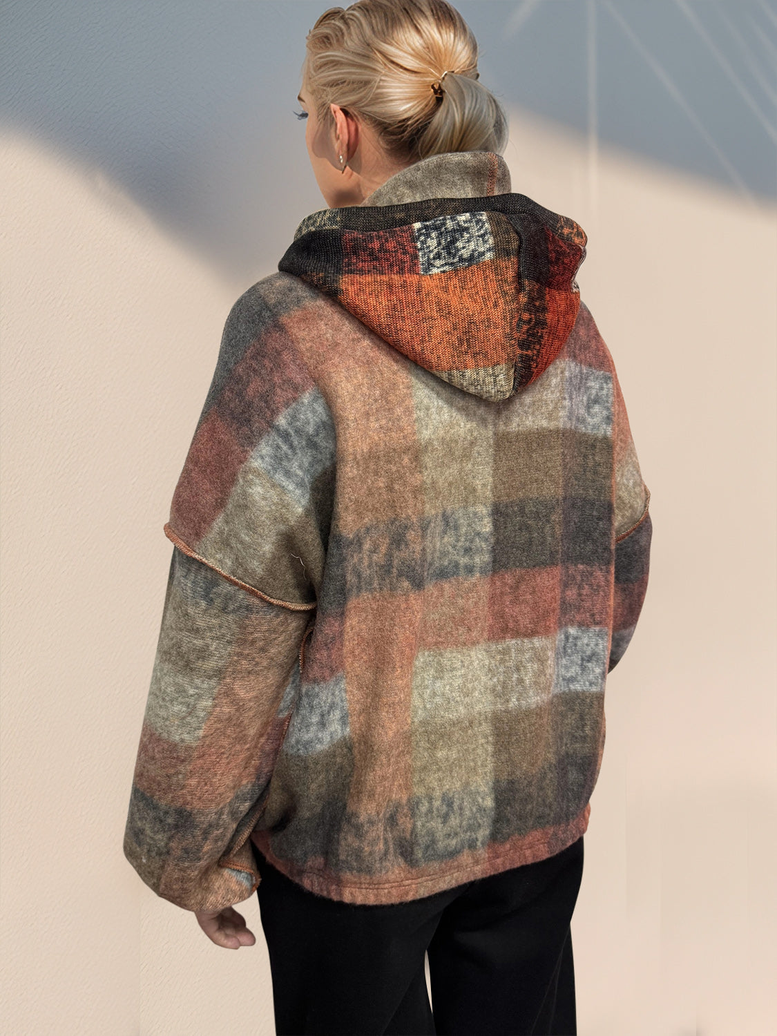 Double Take Full Size Half Zip Exposed Seam Fleece Hoodie-Street 360-Tangerine-S-Urbanheer