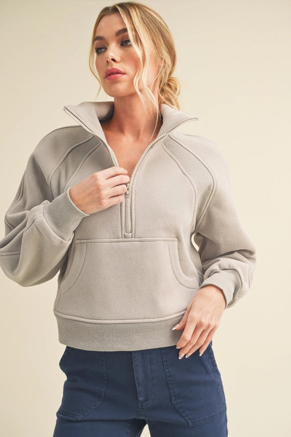 Dove Funnel Neck Half Zip Cement-Hoodie-AEMI + CO-S-Urbanheer
