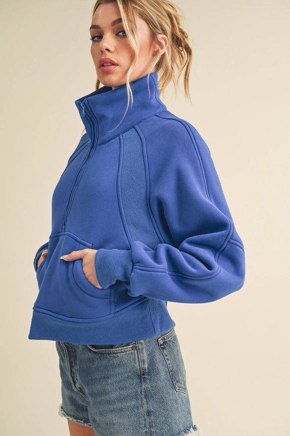 Dove Funnel Neck Half Zip Cobalt-Hoodie-AEMI + CO-S-Urbanheer