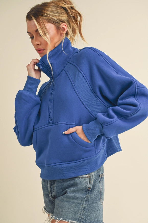 Dove Funnel Neck Half Zip Cobalt-Hoodie-AEMI + CO-S-Urbanheer
