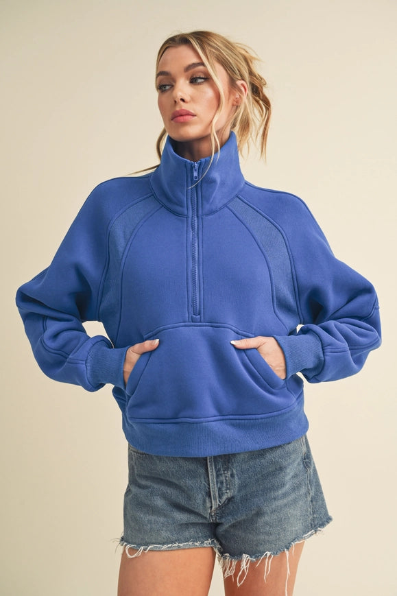Dove Funnel Neck Half Zip Cobalt-Hoodie-AEMI + CO-S-Urbanheer