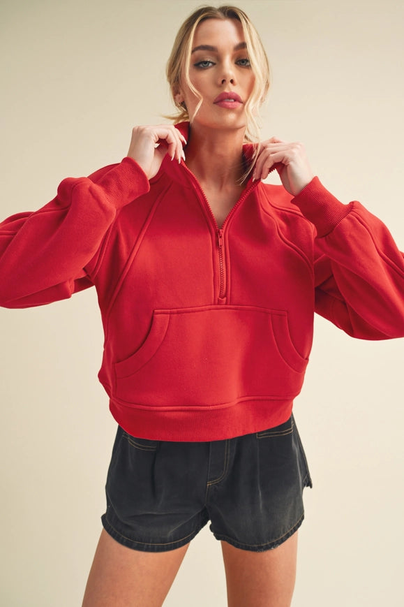 Dove Funnel Neck Half Zip Tomato-Hoodie-AEMI + CO-S-Urbanheer