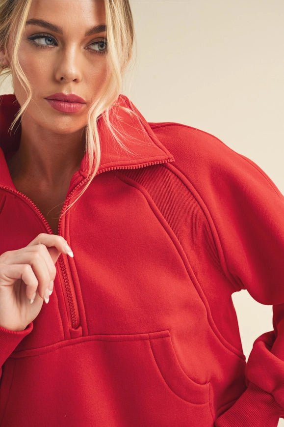 Dove Funnel Neck Half Zip Tomato-Hoodie-AEMI + CO-S-Urbanheer