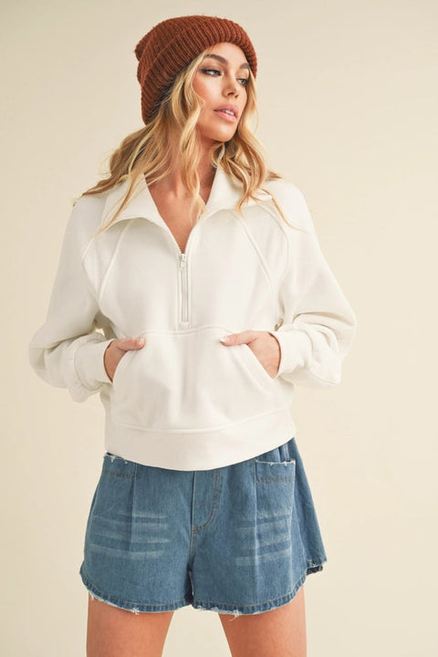 Dove Funnel Neck Half Zip White-Hoodie-AEMI + CO-S-Urbanheer