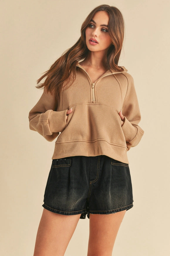 Drea Half-Zip Hoodie Latte-Hoodie-AEMI + CO-S-Urbanheer