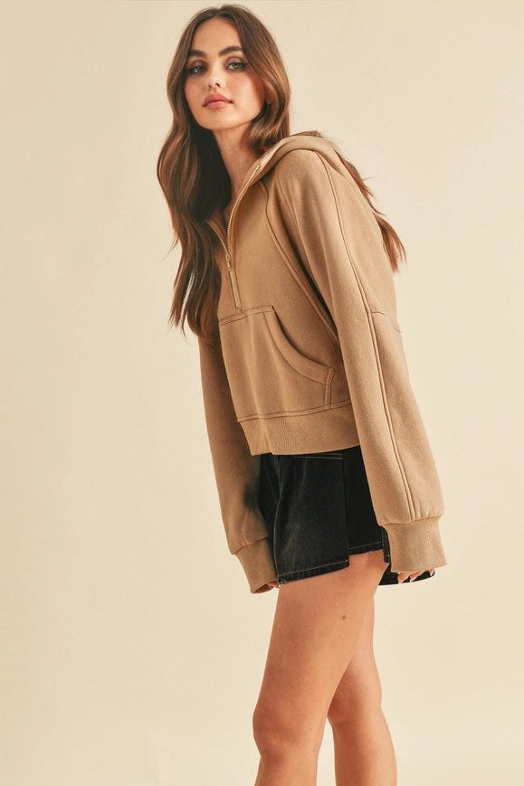 Drea Half-Zip Hoodie Latte-Hoodie-AEMI + CO-S-Urbanheer