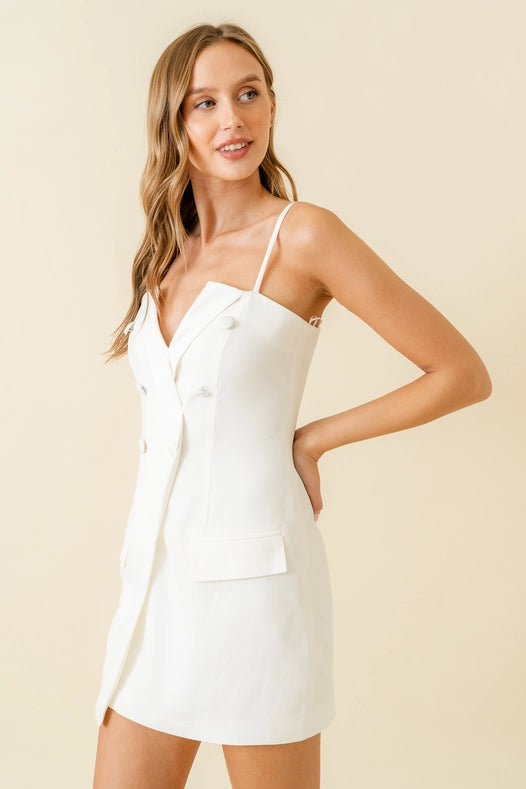 Dressy Cocktail Blazer Style Strap Mini Dress-Dress-Fore Collection-S-Off-White-Urbanheer