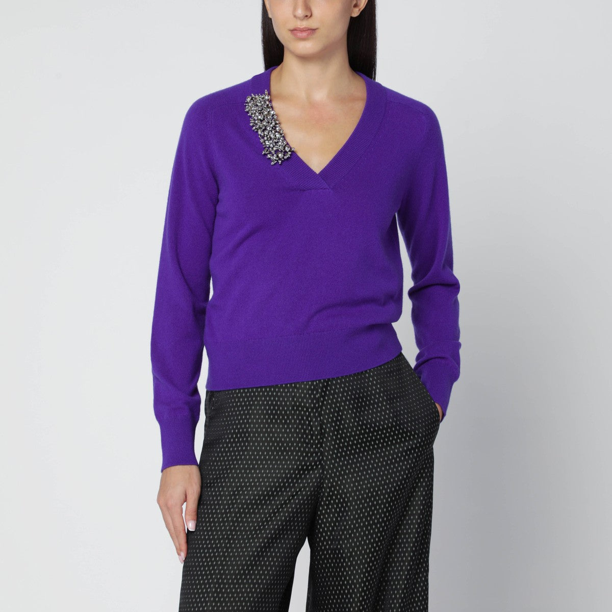 Dries Van Noten Purple cashmere sweater with brooch detail