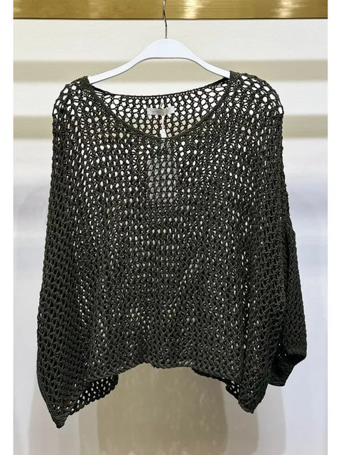 Drop Shoulder Crochet V-Neck Tunic Army Green-Tunic-MILIO MILANO-One Size-Army Green-Urbanheer