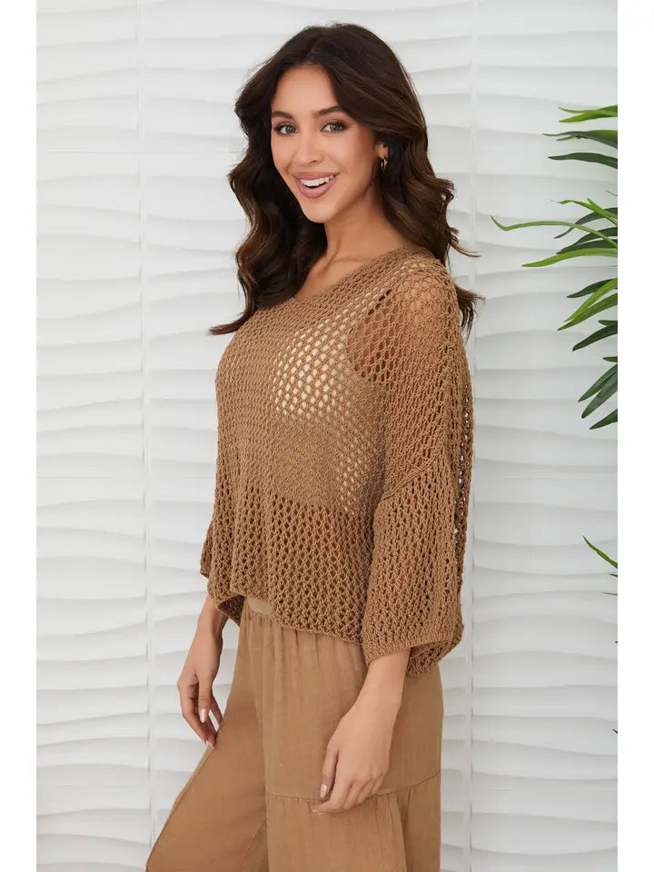 Drop Shoulder Crochet V-Neck Tunic Camel-Tunic-MILIO MILANO-One Size-Camel-Urbanheer