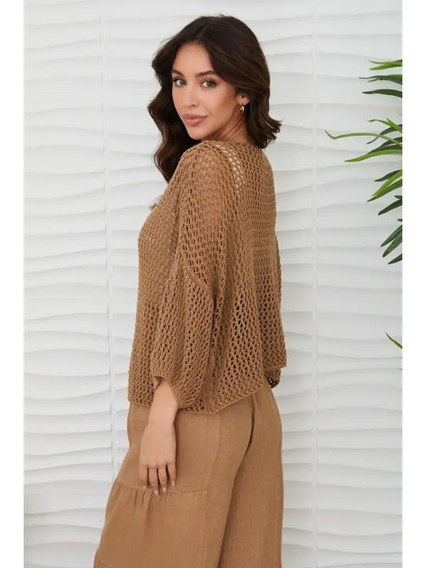 Drop Shoulder Crochet V-Neck Tunic Camel-Tunic-MILIO MILANO-One Size-Camel-Urbanheer