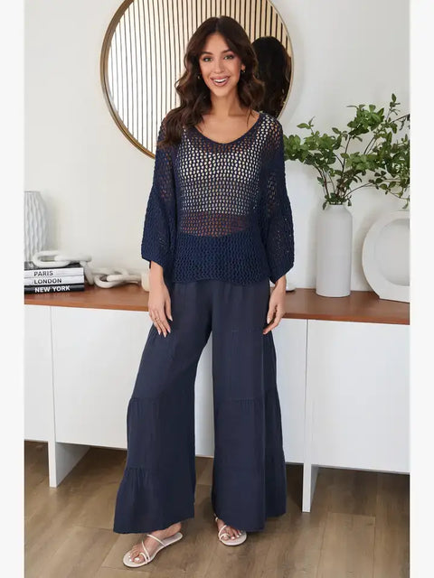 Drop Shoulder Crochet V-Neck Tunic Navy Blue-Tunic-MILIO MILANO-One Size-Navy Blue-Urbanheer