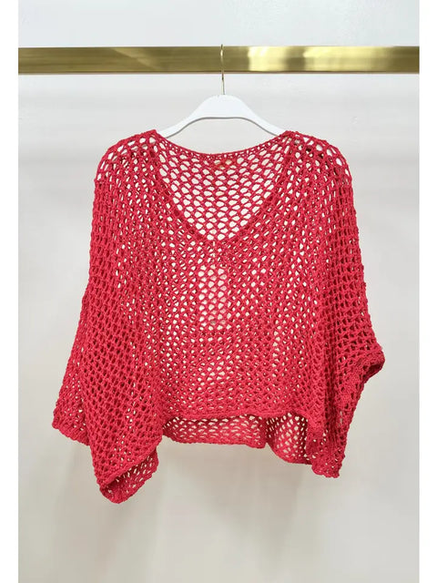 Drop Shoulder Crochet V-Neck Tunic Red Flame-Tunic-MILIO MILANO-One Size-Red Flame-Urbanheer