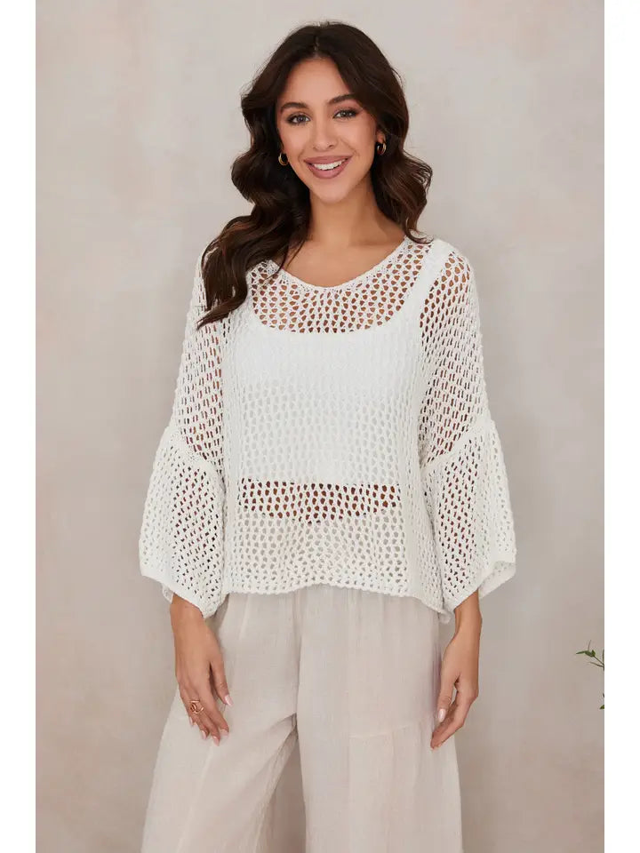 Drop Shoulder Crochet V-Neck Tunic White-Tunic-MILIO MILANO-One Size-White-Urbanheer