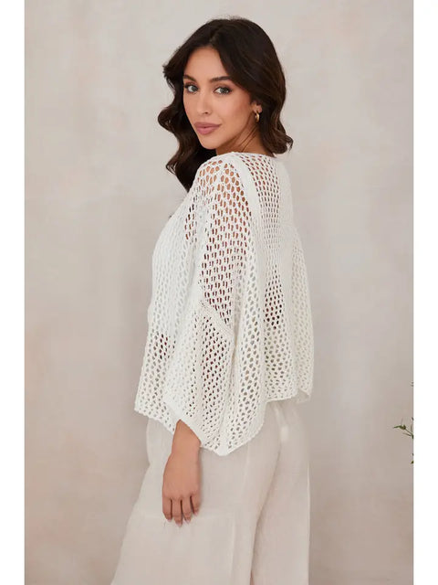 Drop Shoulder Crochet V-Neck Tunic White-Tunic-MILIO MILANO-One Size-White-Urbanheer