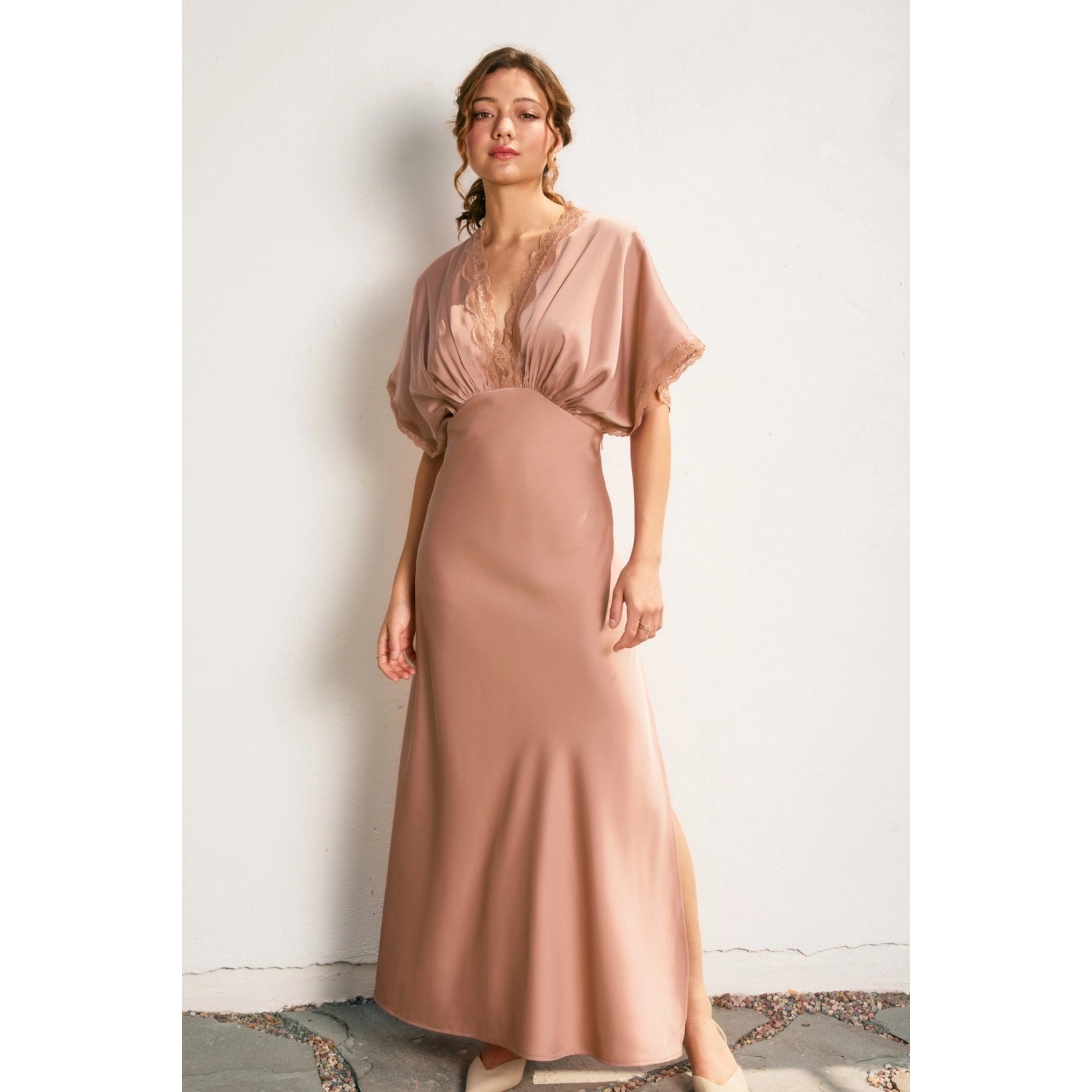 Dull Satin Lace Blouson Maxi Dress
