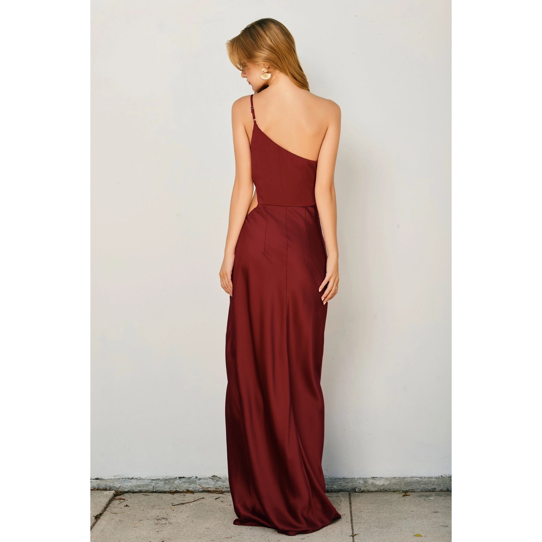 Dull Satin One Shoulder Ruched Maxi Dress | Red