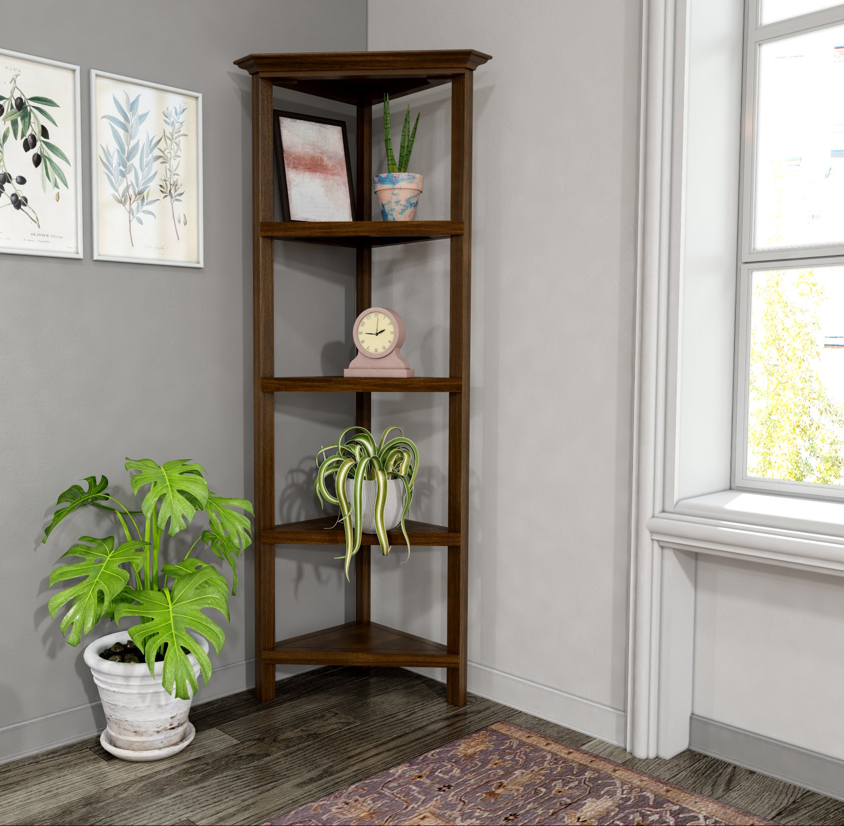 Edenton 4-Shelf Tall Wood Corner Bookcase with Open Bookshelves, Walnut