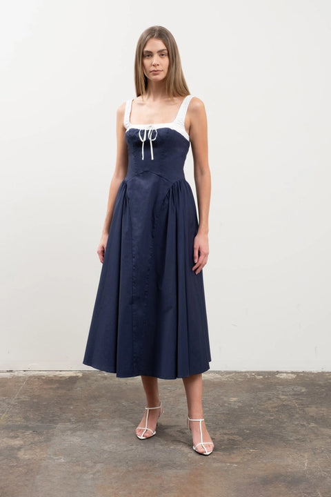 Elastic Straps Front Tie Contrast Midi Dress-Dress-Moon River-XS-NAVY-Urbanheer