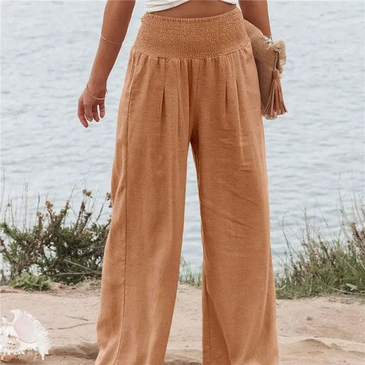 Elastic Waist Solid Color Casual Pants-Pants-OceanusSwim-S-TAN-Urbanheer
