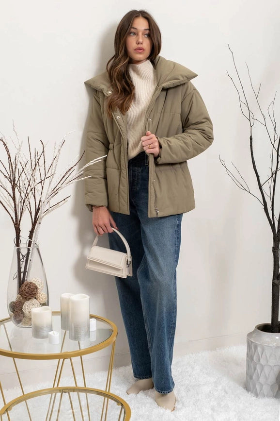 Elastic Waist Zip Up Puffer Jacket-Puffer Jacket-Blu Pepper-S-LIGHT OLIVE-Urbanheer