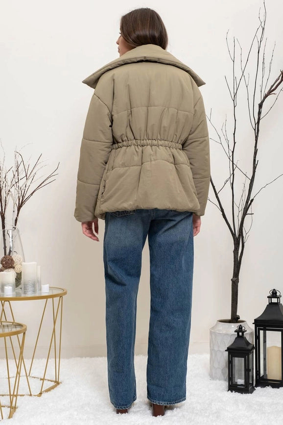 Elastic Waist Zip Up Puffer Jacket-Puffer Jacket-Blu Pepper-S-LIGHT OLIVE-Urbanheer