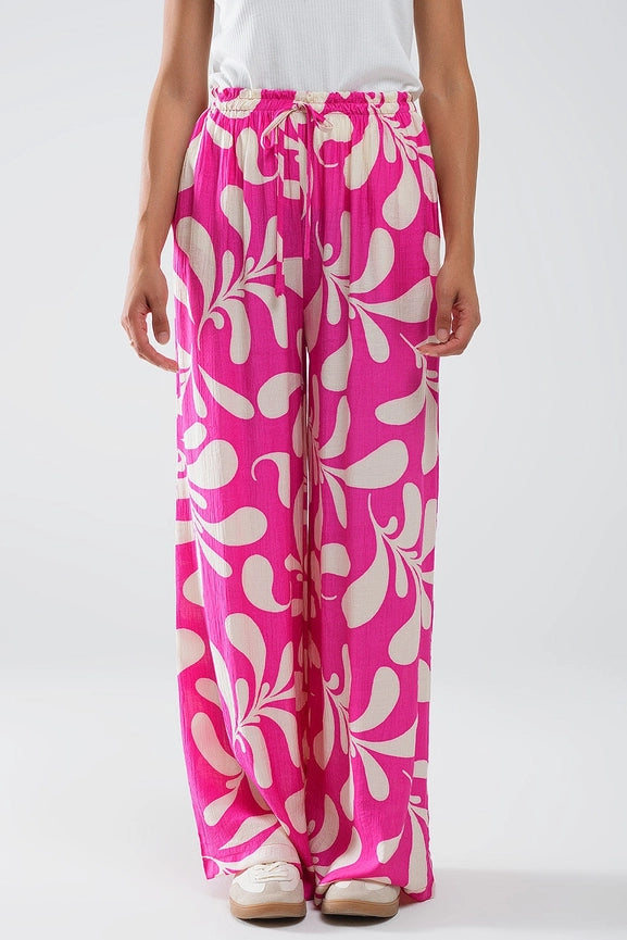 Elasticated Waist Straight Leg Pants in Fuchsia Floral Print-Pants-Q2-L-Pink-Urbanheer
