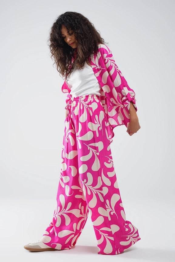 Elasticated Waist Straight Leg Pants in Fuchsia Floral Print-Pants-Q2-L-Pink-Urbanheer