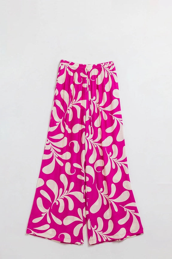 Elasticated Waist Straight Leg Pants in Fuchsia Floral Print-Pants-Q2-L-Pink-Urbanheer