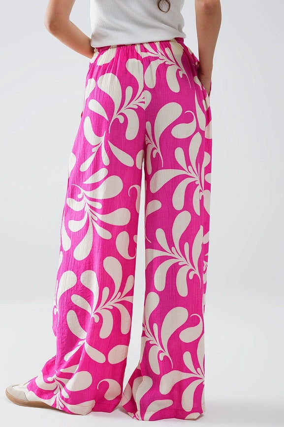 Elasticated Waist Straight Leg Pants in Fuchsia Floral Print-Pants-Q2-L-Pink-Urbanheer